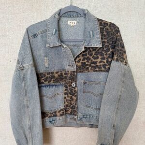 POL Boutique Distressed Denim Jacket Leopard Patchwork Size Small